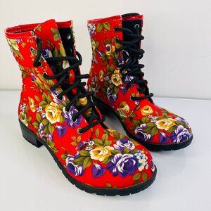 Kalli‎ lace up fancy boots red flowers size 8 Bold